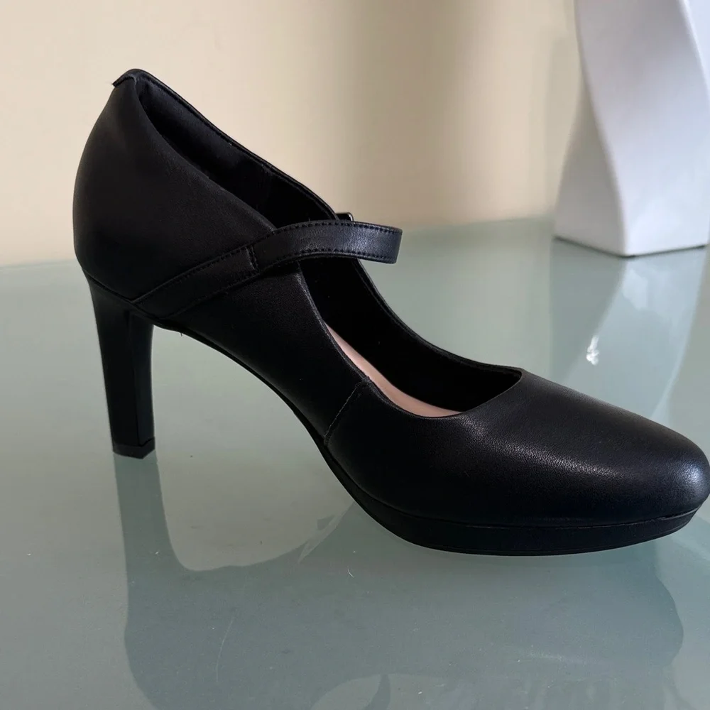 Clarks Mary Jane Heels Black Ankle Strap LEATHER Mary Jane Heels Size 8.5 - Picture 6 of 11